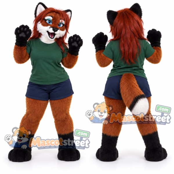 Orange Fox Mascot Costume with Green Shirt and Navy Shorts