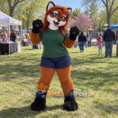 Orange Fox Mascot Costume with Green Shirt and Navy Shorts Orange Fox Mascot Costume with Green Shirt and Navy Shorts