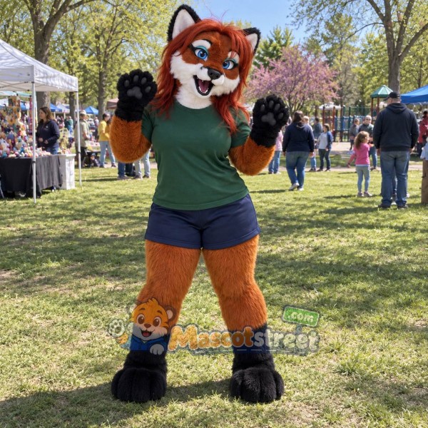 Orange Fox Mascot Costume with Green Shirt and Navy Shorts