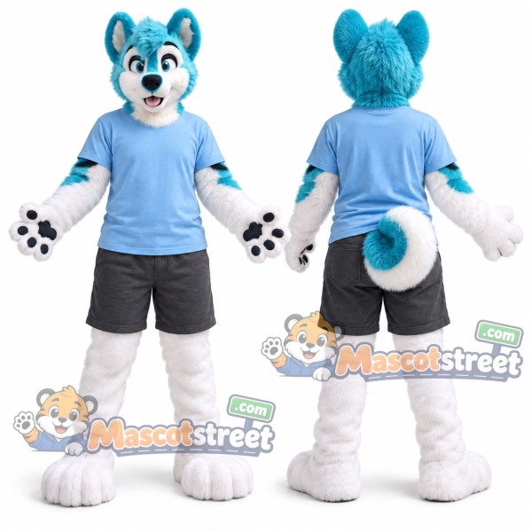 Blue and White Canine Mascot Costume with Blue Shirt and Gray Shorts