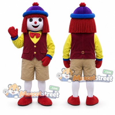 Red Haired Clown Mascot Costume with Burgundy Vest, Yellow Sleeves, Beige Shorts and Blue Hat Red Haired Clown Mascot Costume with Burgundy Vest, Yellow Sleeves, Beige Shorts and Blue Hat