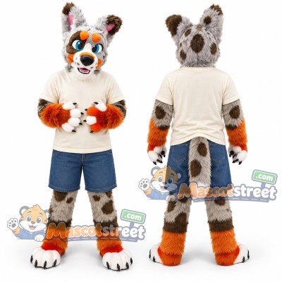 Spotted Canine Mascot Costume with Cream Shirt and Blue Shorts Spotted Canine Mascot Costume with Cream Shirt and Blue Shorts