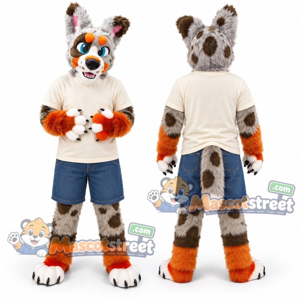 Spotted Canine Mascot Costume with Cream Shirt and Blue Shorts