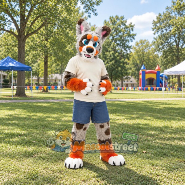 Spotted Canine Mascot Costume with Cream Shirt and Blue Shorts
