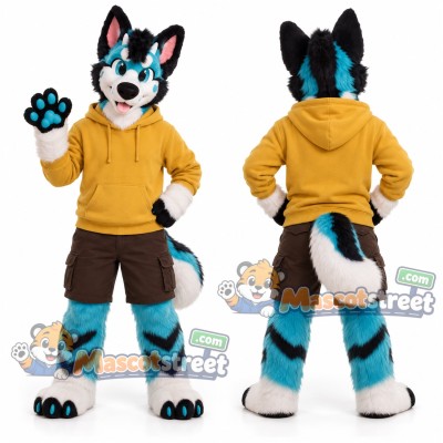 Black White and Teal Canine Mascot Costume with Yellow Hoodie and Brown Shorts