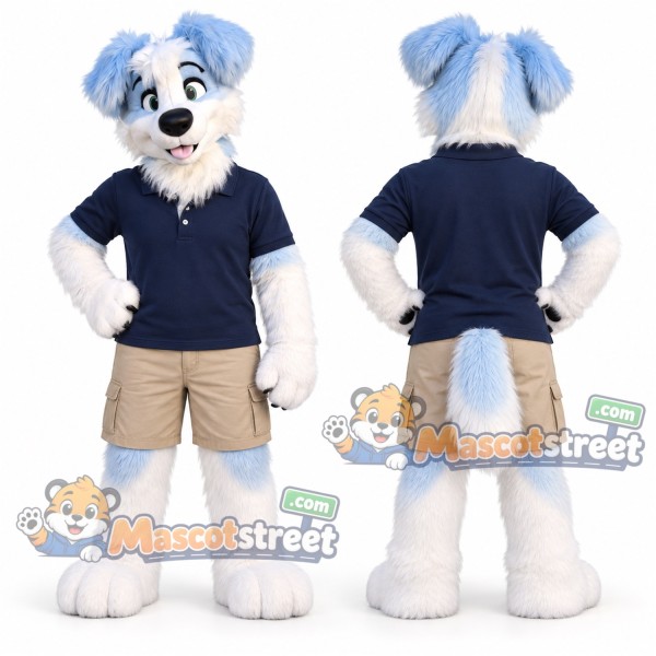 White and Light Blue Dog Mascot Costume with Navy Polo Shirt and Beige Shorts