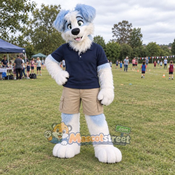 White and Light Blue Dog Mascot Costume with Navy Polo Shirt and Beige Shorts