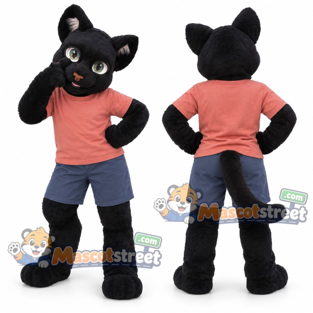 Black Cat Mascot Costume with Coral Shirt and Blue Shorts