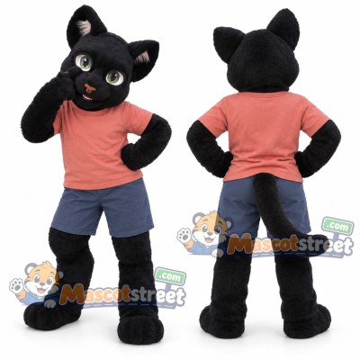 Black Cat Mascot Costume with Coral Shirt and Blue Shorts