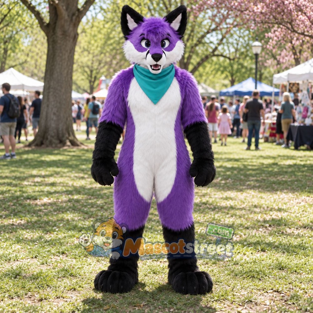 Purple and White Canine Mascot Costume with Teal Scarf Purple and White Canine Mascot Costume with Teal Scarf