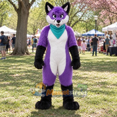 Purple and White Canine Mascot Costume with Teal Scarf Purple and White Canine Mascot Costume with Teal Scarf