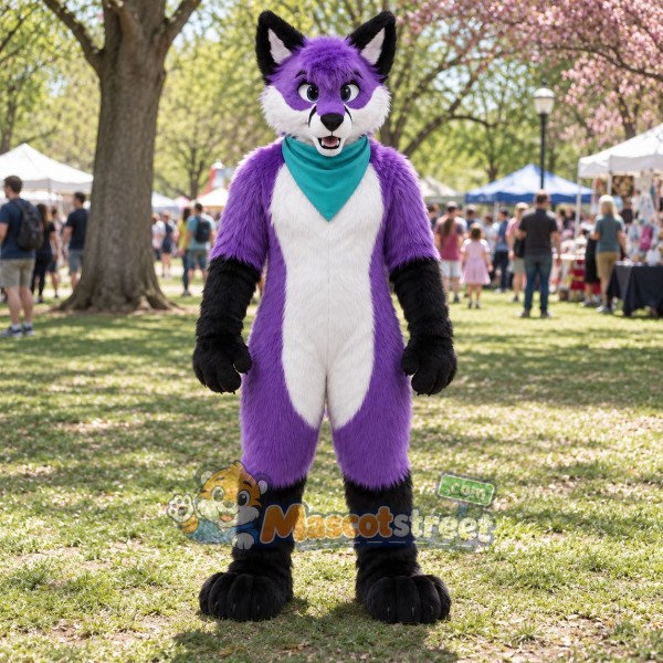 Purple and White Canine Mascot Costume with Teal Scarf