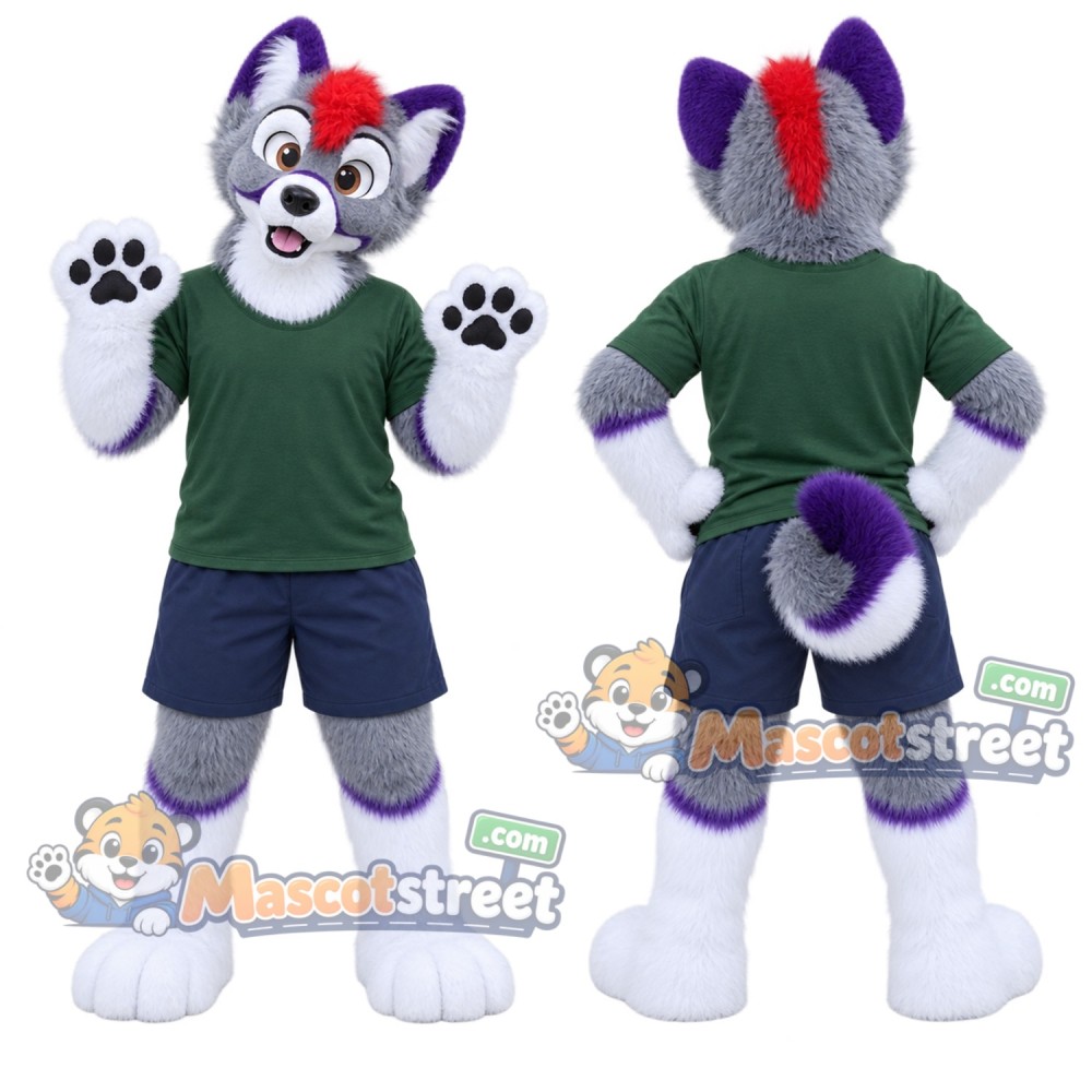 Gray and Purple Canine Mascot Costume with Green Shirt and Navy Shorts Gray and Purple Canine Mascot Costume with Green Shirt and Navy Shorts