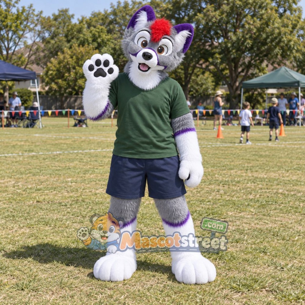 Gray and Purple Canine Mascot Costume with Green Shirt and Navy Shorts
