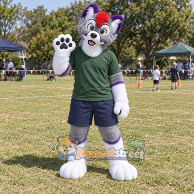 Gray and Purple Canine Mascot Costume with Green Shirt and Navy Shorts