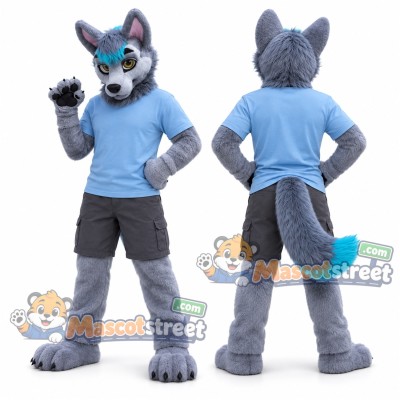 Gray and Teal Wolf Mascot Costume with Blue Shirt and Gray Shorts