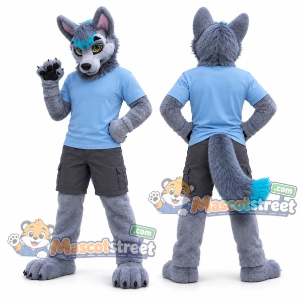 Gray and Teal Wolf Mascot Costume with Blue Shirt and Gray Shorts