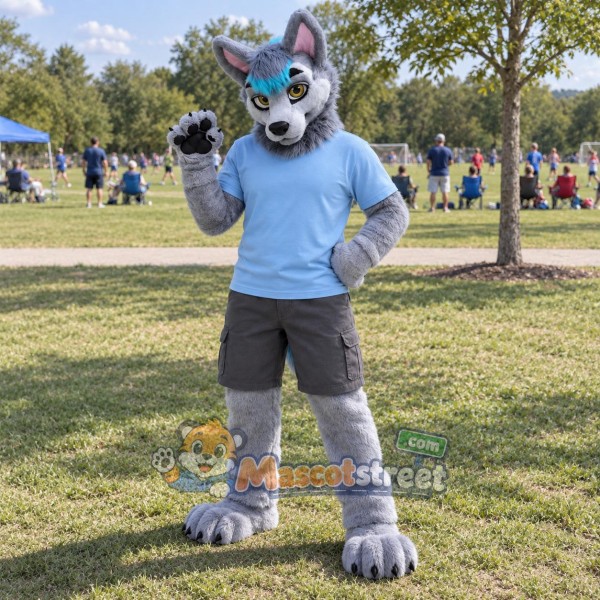 Gray and Teal Wolf Mascot Costume with Blue Shirt and Gray Shorts
