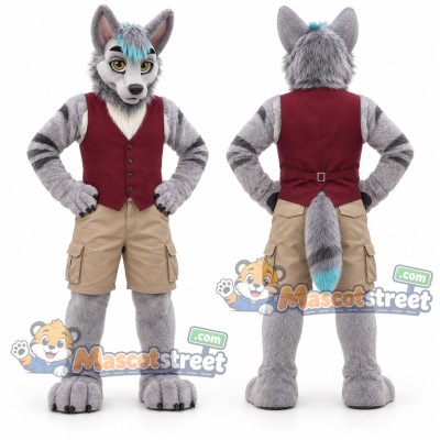 Gray Wolf Mascot Costume with Burgundy Vest and Beige Shorts