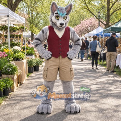 Gray Wolf Mascot Costume with Burgundy Vest and Beige Shorts