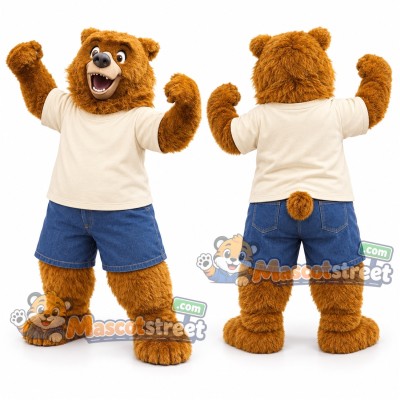 Brown Bear Mascot Costume with Cream Shirt and Blue Shorts Brown Bear Mascot Costume with Cream Shirt and Blue Shorts