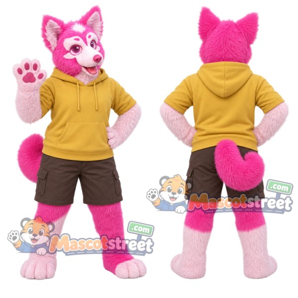 Pink and White Canine Mascot Costume with Yellow Hoodie and Brown Shorts