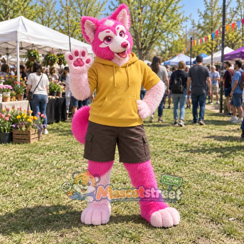 Pink and White Canine Mascot Costume with Yellow Hoodie and Brown Shorts