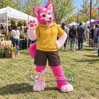 Pink and White Canine Mascot Costume with Yellow Hoodie and Brown Shorts