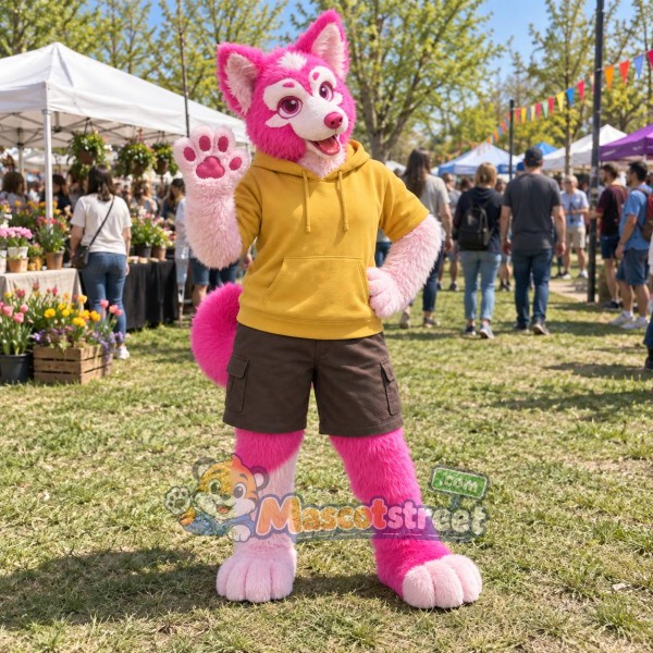 Pink and White Canine Mascot Costume with Yellow Hoodie and Brown Shorts