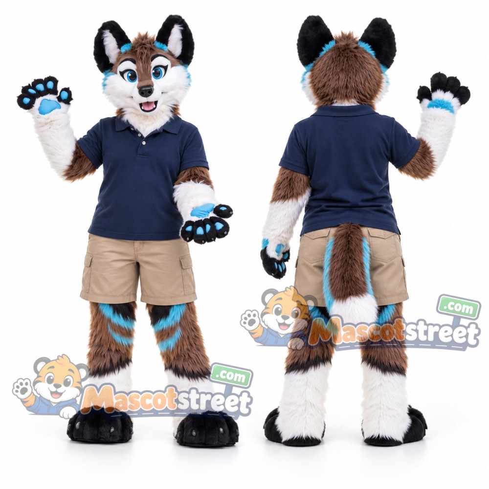 Brown and White Canine Mascot Costume with Navy Polo Shirt and Beige Shorts Brown and White Canine Mascot Costume with Navy Polo Shirt and Beige Shorts