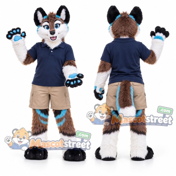 Brown and White Canine Mascot Costume with Navy Polo Shirt and Beige Shorts