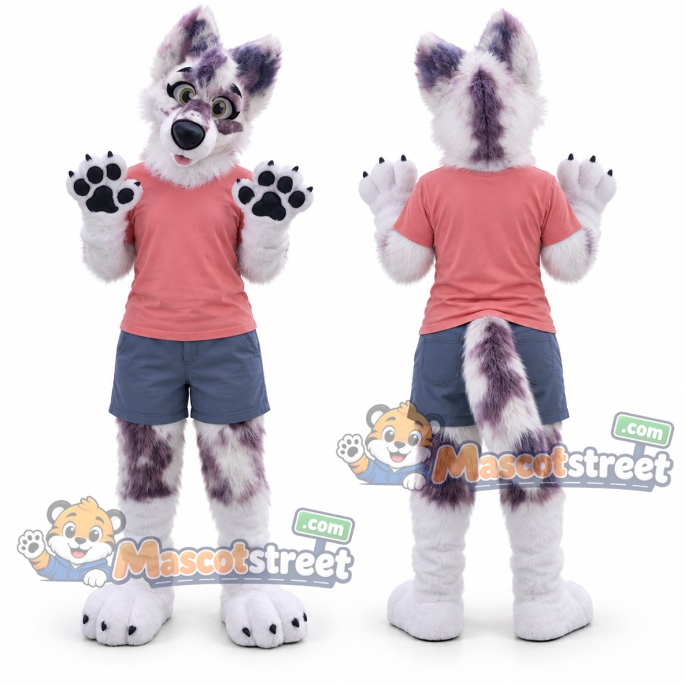 White and Purple Canine Mascot Costume with Coral Shirt and Blue Shorts White and Purple Canine Mascot Costume with Coral Shirt and Blue Shorts