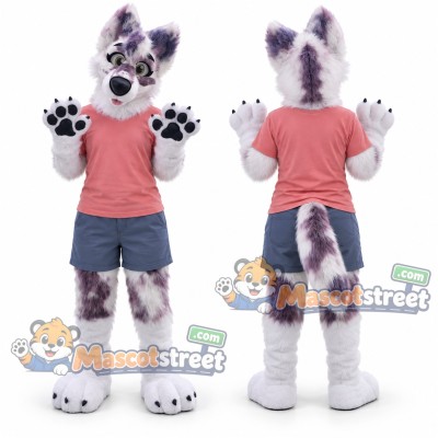White and Purple Canine Mascot Costume with Coral Shirt and Blue Shorts White and Purple Canine Mascot Costume with Coral Shirt and Blue Shorts