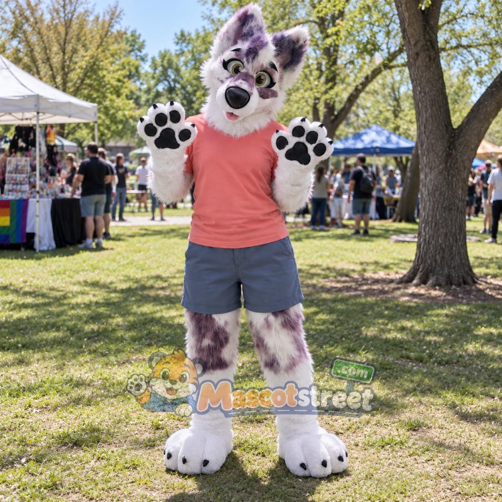 White and Purple Canine Mascot Costume with Coral Shirt and Blue Shorts White and Purple Canine Mascot Costume with Coral Shirt and Blue Shorts
