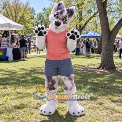 White and Purple Canine Mascot Costume with Coral Shirt and Blue Shorts White and Purple Canine Mascot Costume with Coral Shirt and Blue Shorts