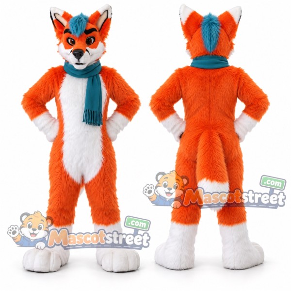 Orange and White Fox Mascot Costume with Teal Scarf