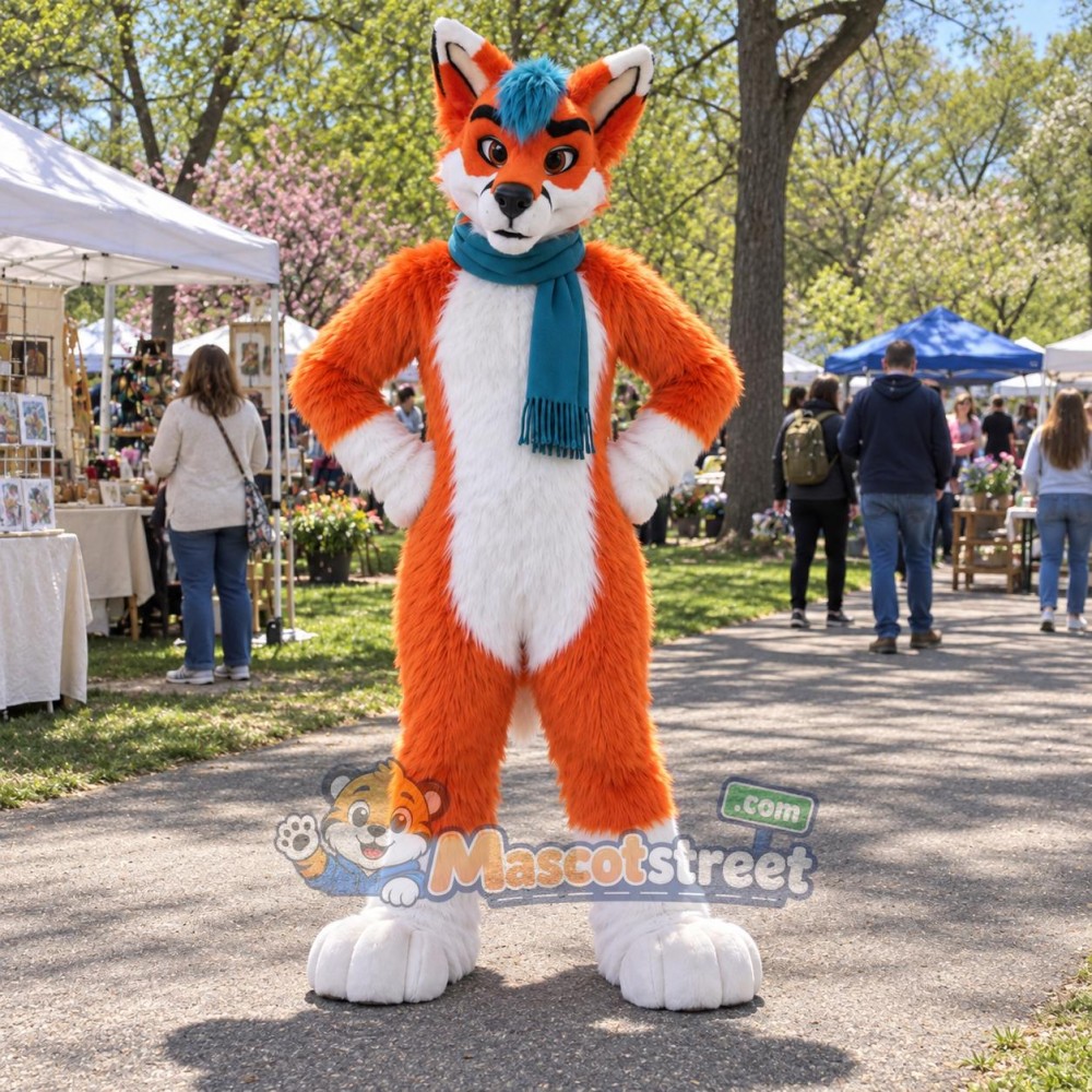Orange and White Fox Mascot Costume with Teal Scarf Orange and White Fox Mascot Costume with Teal Scarf