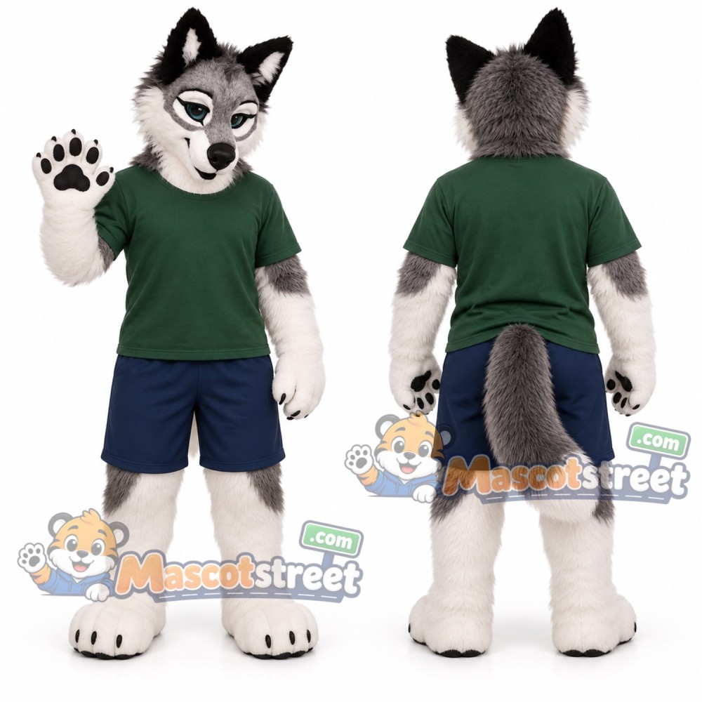 Gray and White Wolf Mascot Costume with Green Shirt and Navy Shorts
