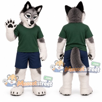 Gray and White Wolf Mascot Costume with Green Shirt and Navy Shorts
