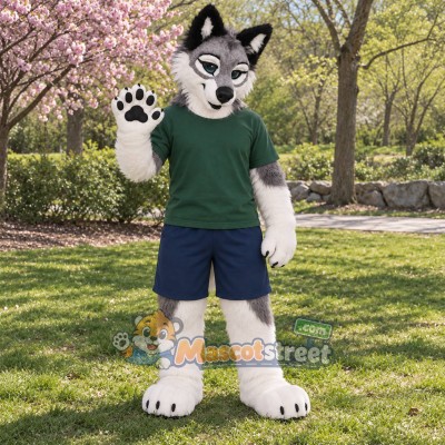 Gray and White Wolf Mascot Costume with Green Shirt and Navy Shorts Gray and White Wolf Mascot Costume with Green Shirt and Navy Shorts