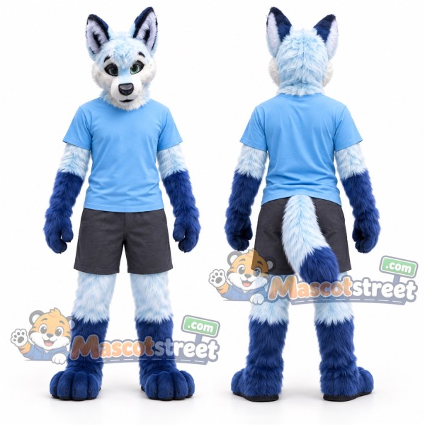 White and Blue Canine Mascot Costume with Blue Shirt and Gray Shorts