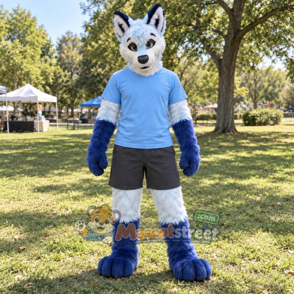 White and Blue Canine Mascot Costume with Blue Shirt and Gray Shorts White and Blue Canine Mascot Costume with Blue Shirt and Gray Shorts