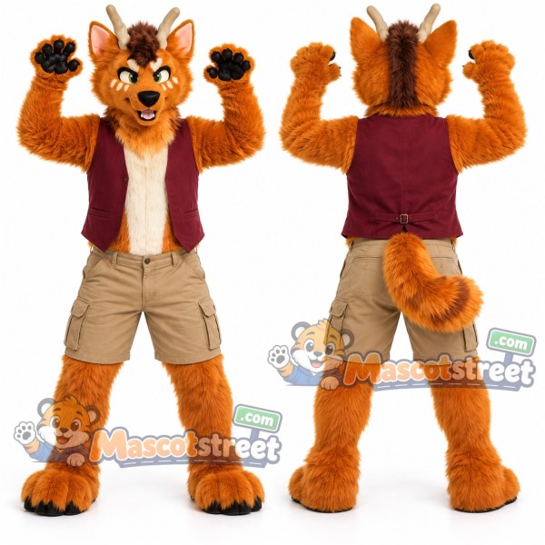 Orange Canine Mascot Costume with Burgundy Vest and Beige Shorts