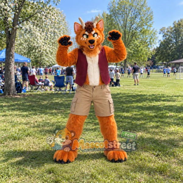 Orange Canine Mascot Costume with Burgundy Vest and Beige Shorts Orange Canine Mascot Costume with Burgundy Vest and Beige Shorts
