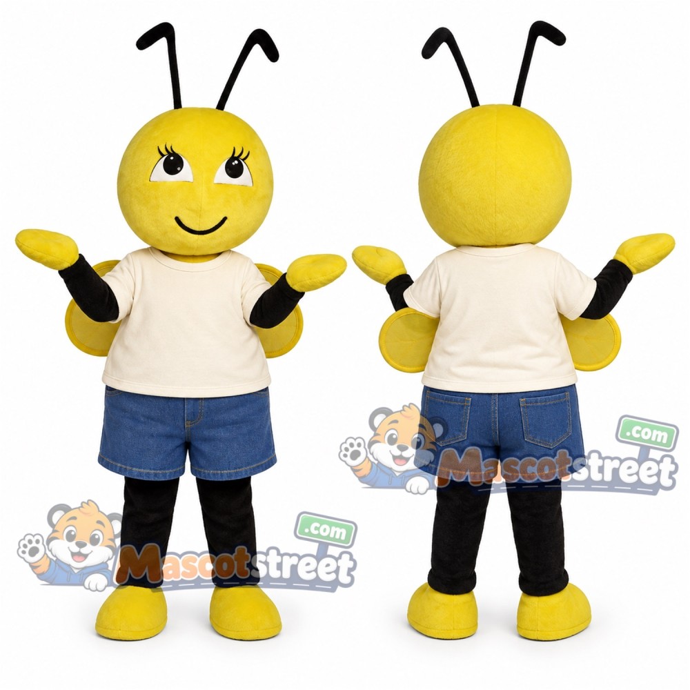 Yellow Bee Mascot Costume with Cream Shirt and Blue Shorts Yellow Bee Mascot Costume with Cream Shirt and Blue Shorts