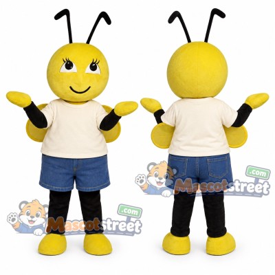 Yellow Bee Mascot Costume with Cream Shirt and Blue Shorts Yellow Bee Mascot Costume with Cream Shirt and Blue Shorts