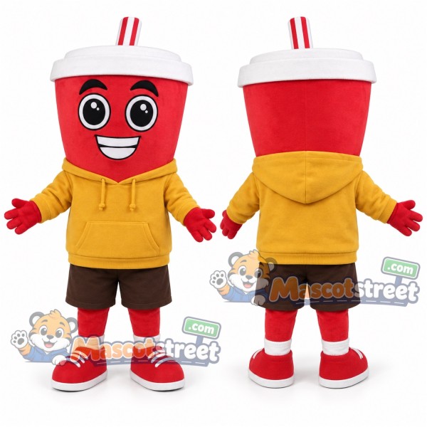 Red Drink Cup Mascot Costume with Yellow Hoodie and Brown Shorts