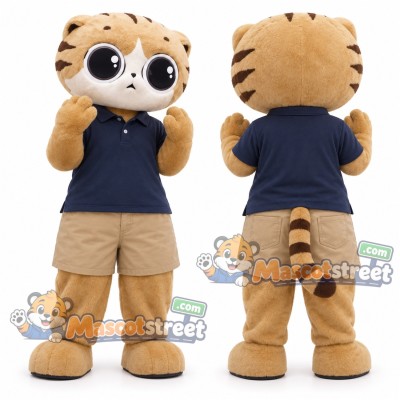 Tan Cat Mascot Costume with Navy Polo Shirt and Beige Shorts
