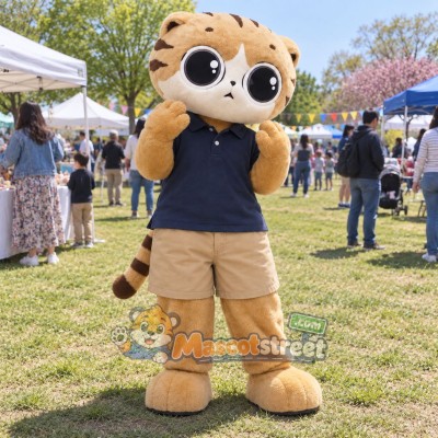 Tan Cat Mascot Costume with Navy Polo Shirt and Beige Shorts Tan Cat Mascot Costume with Navy Polo Shirt and Beige Shorts