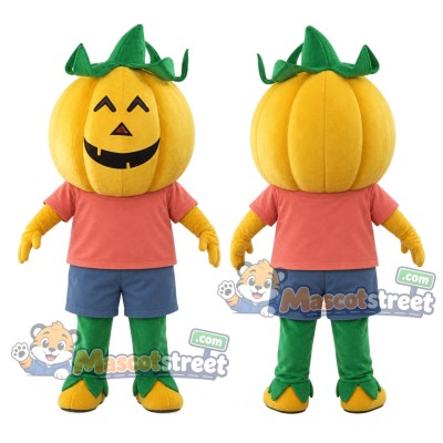Orange Pumpkin Mascot Costume with Coral Shirt and Blue Shorts
